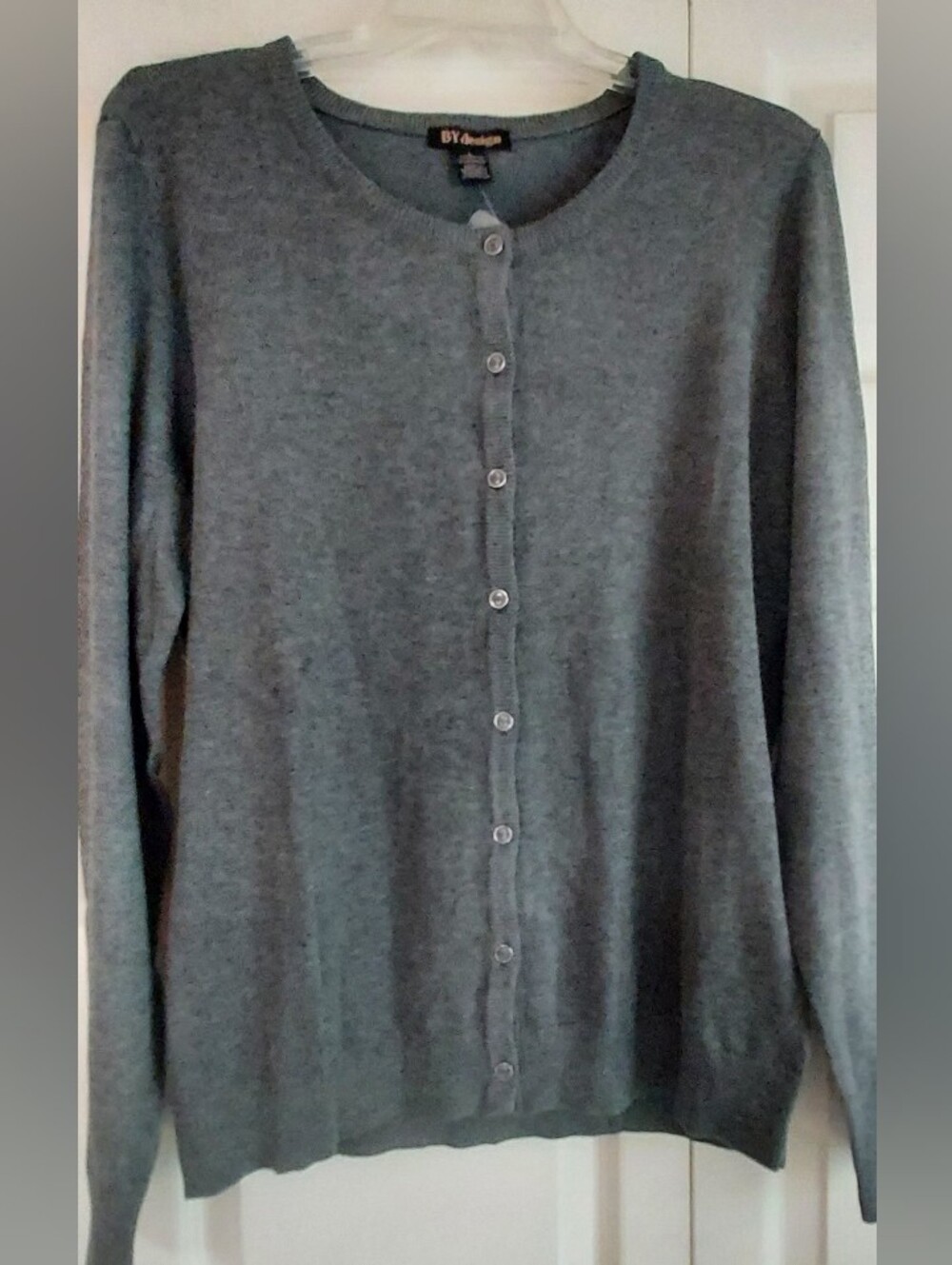By Design Heather Gray Knit Button Cardigan Sweater Crew Neck Classic Layer Lg
